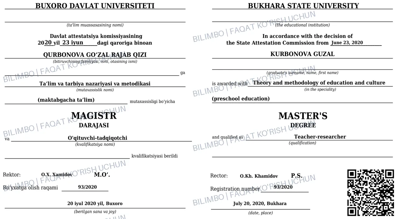 Magistr diplomi — Qurbonova Go‘zal Rajab qizi